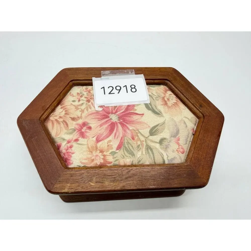 Vintage Wooden Jewelry Box Floral Fabric Lid Mirror Ring Storage Organizer